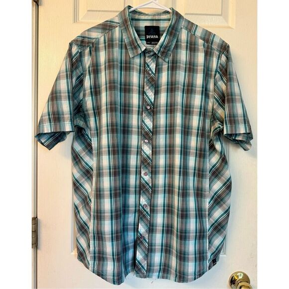 prAna Men's Milo Short Sleeve Shirt Green Plaid Pearl Snap Organic Cotton Large - Picture 2 of 9